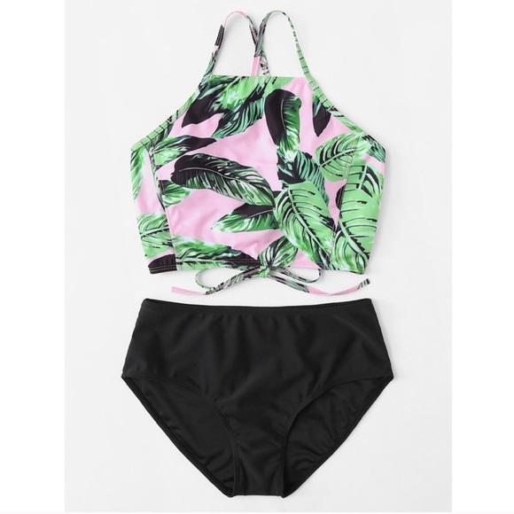 LAST 1🌴 tropical leaf print bikini pink black - Picture 2 of 3